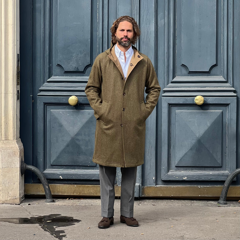 Manteau réversible vert kaki tweed chevrons / camel