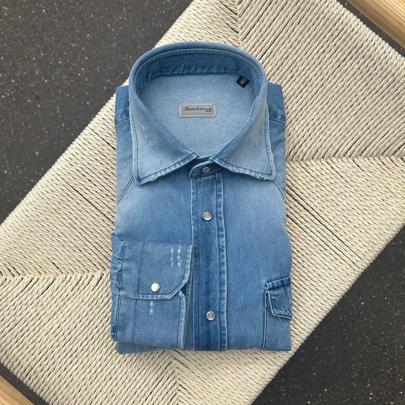 Chemise « used » en denim Texas bleu clair super bleached