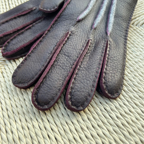 Gants lie de vin cuir de cerf doublés cachemire gris clair