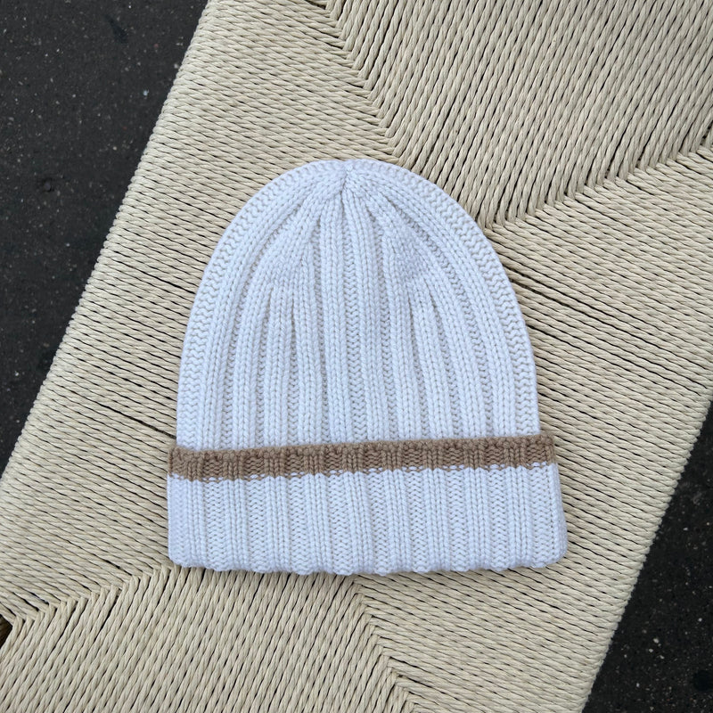 Bonnet cachemire blanc cassé et camel