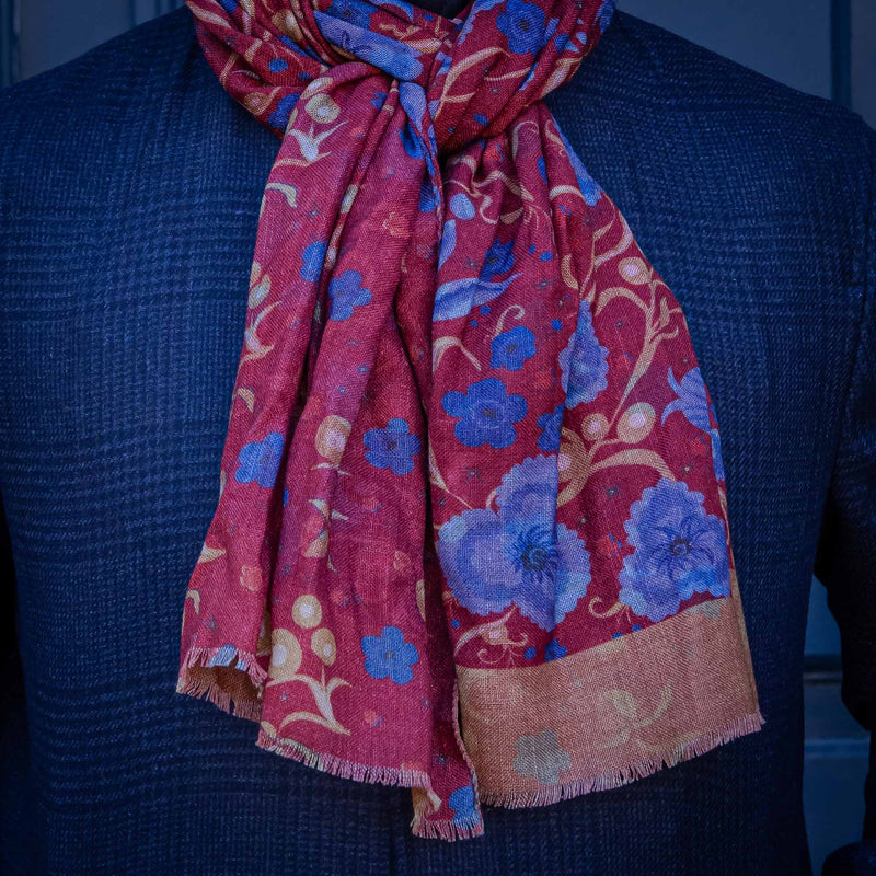 Écharpe en laine rouge framboise et bleu Calabrese
