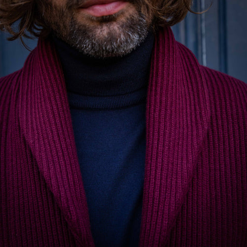 Cardigan épais col châle laine et cachemire rouge bordeaux